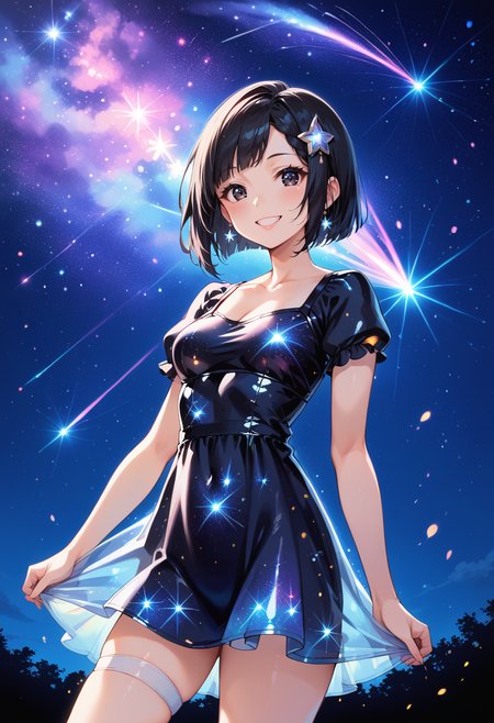 (score_9, score_8_up, score_7_up, masterpiece,source_anime, best quality, perfect anatomy, very aesthetic, ((outlined outlined vector graphics)), source_anime,
1girl,20yo, black hair, black eyes, short bob hair, hair pin,small breast, slender,(white thigh strap:1.1),(black clohtes:1.1),, outdoors,  blush, cowboy shot, galaxy, gradient sky, glittering, glimmering, glowing , aetherical, looking at viewer, milky way,starry night, night, night sky, shooting star, sky, skyline, smile, solo, star \(sky\), star \(symbol\), starry background, starry sky, starry sky print,starrynightdress, starry night dress, black dress,,( short sleeve dress:1.2),smile,
 <lora:starry-night-dress-02:0.9>