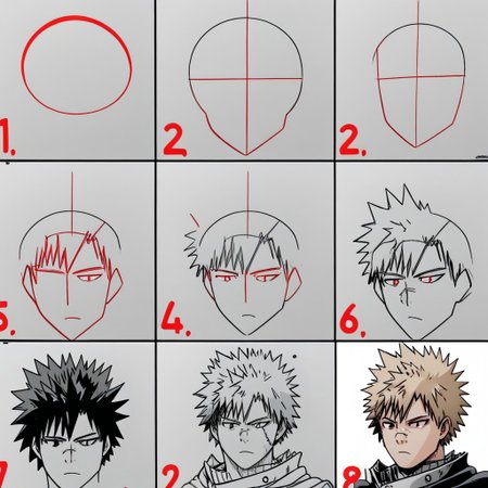 score_9, bakugou katsuki, portrait, close-up, collarbone,  howtodraw, 6 steps <lora:How_to_draw_step_by_step_2:1> ,Colored final box, Photo in final box, Stick drawing method, Red colored added line, Guts_Armor, brown eyes, short hair, multicolored hair, spiked hair, black armor, shoulder armor, gauntlets, greaves, bandaged arm, black cape, torn cape, scar on nose, one eye closed, muscular male