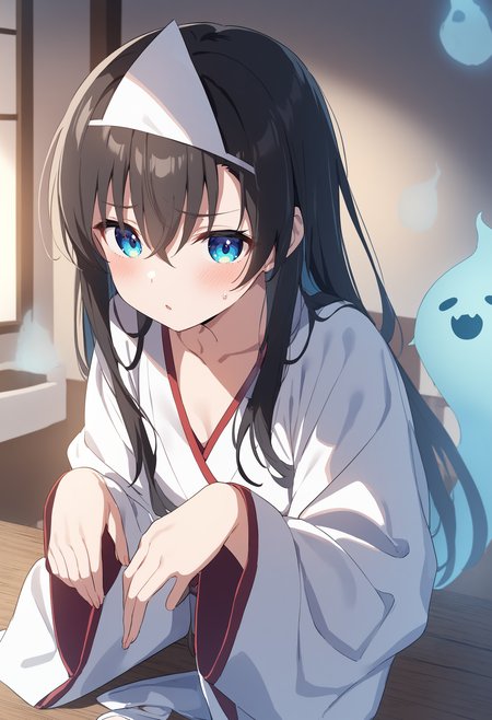 1girl,sincos, ningen mame, toosaka asagi,solo,medium breasts,
triangular headpiece, shiroshouzoku, hitodama, ghost pose,<lora:triangularheadpiece_XL_v1:0.9>
ghost,  white japanese clothes, long sleeves,  wide sleeves,ghost tail
best quality, very aesthetic, absurdres