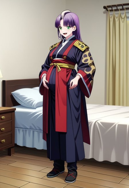 score_9, score_8_up, score_7_up, best quality, masterpiece, 4k, perfect lighting, very aesthetic, anime, anime coloring, official art, anime screencap,
OverallDetail, fFaceDetai,
bedroom, happy, smile, huge pregnant belly,  indoors,bed,
 <lora:Chained_Soldier:1>, Shikoku, black and purple hair, snake hair, 1girl, solo girl, full body,