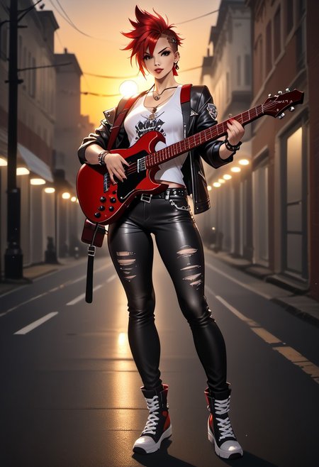 score_9, score_8_up, score_7_up, Full Body Shot, A punk girl, playing an red guitar, high atop the rooftops, sunset, golden hour lighting, 4n1v3rs3, depth of field, dynamic angle, fashion photography, sharp, hyperdetailed:1.15
https://civitai.com/images/49477434