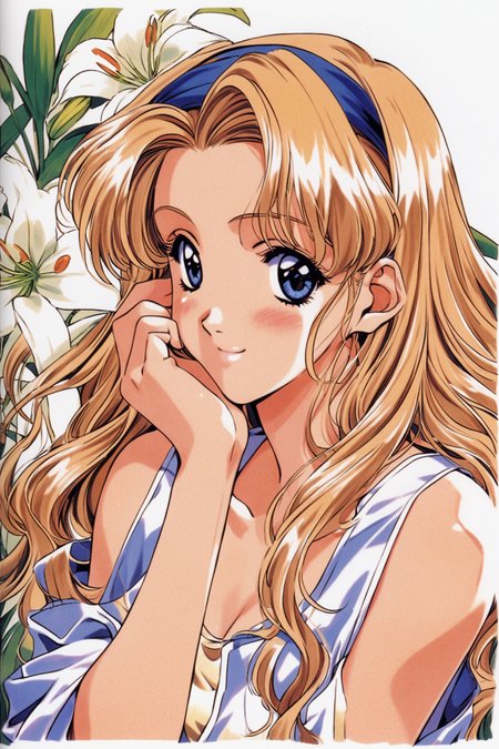 Akira Endou,1girl,solo,long hair,blue eyes,blonde hair,wavy hair,flower,blush,hairband,hand on own face,shirt,smile,lily \(flower\),bare shoulders,1990s \(style\),retro artstyle,<lora:Mizutani Tooru_XL:0.8>,