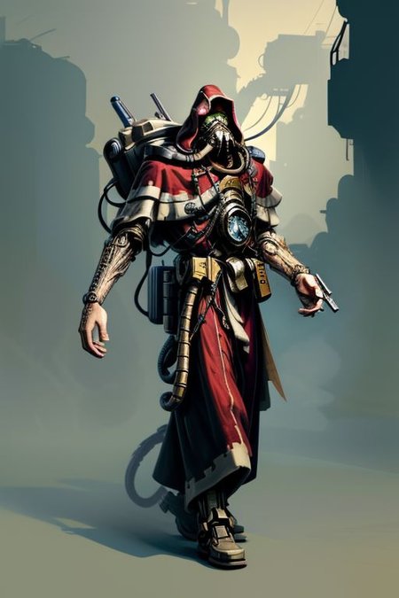 ((masterpiece,best quality)), absurdres, BREAK
mechanical arms, robes, hood, BREAK
((techpriest)), cyborg, mechanical face, mechanical limbs, gas mask, mechanical tentacles, (mechanical backpack), BREAK
1other, solo, holding pistol, firearm, handgun, pistol, gun, BREAK
factory background, smoggy sky, air pollution, smokestacks, BREAK
(comic character)