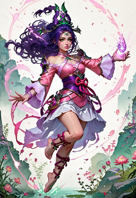 ((zPDXL3)), ((masterpiece,best quality, highly detailed)), ((score_9)), score_8_up, score_7_up, score_6_up, score_5_up, score_4_up, Digital painting style, brushstrokes, ((EnhanceImage)), solo, 1girl, JannaSSPXL, green eyes, purple hair, long hair, hair ornament, forehead, medium breasts, bare shoulders, pink dress, detached sleeves, long sleeves, purple sash, pink ribbon, white skirt, leg ribbon, barefoot,
Expressiveh, 30yo, adult lustful confident woman, petite, slender body, perky saggy natural breasts, full lips, bangs, sidelocks, straps,
chinese magical sorceress, animated, swirling magic, wisps of magic, dancing pose, tight squeezed outfit, magical accessories, evoking motion, conveying motion, dynamic splash art, 
<lora:PainterlyFantasiaPDXL:0.6>,