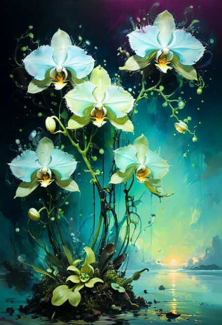 (by Ellen Jewett:1.5), (Bioluminescent Impressionism, organic radiance, bioluminescent alien orchids wines, luminous brushstrokes, ethereal landscapes, biotech emotion:1.3) <lora:xl_more_art-full_v1:0.5> <lora:add-detail-xl:1> <lora:RMSDXL_Creative:2>