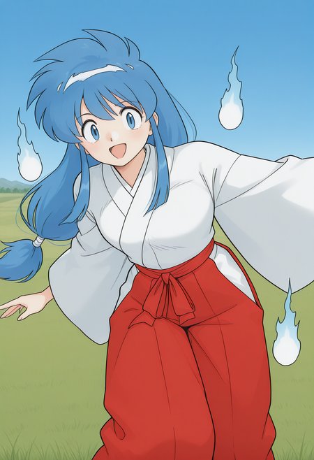 okinu-chan, blue eyes, blue hair, sidelocks, long hair, low-tied long hair, hitodama, japanese clothes, wide sleeves, red hakama, <lora:gs_okinu-chan_illustrious_ver2:0.8> 
smile, open mouth, cowboy shot,, masterpiece, best quality, sensitive,, 1girl, solo, blue sky, (grasslands:1.2), looking at viewer,, (dynamic pose:1.4), (upside-down:-1),