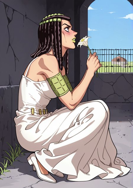 (jojo:0.4), 3rme5, 1girl, ermes costello, solo, dreadlocks, green lipstick, blushing expression, beautiful white wedding dress, full body, holding flowers,  \(jojo\), <lora:Jojos_Bizarre_Adventure_Ermes_Costello_-_IL:0.7> blue sky, grass, in a prison courtyard, high walls with barbed wire, side view, looking up,