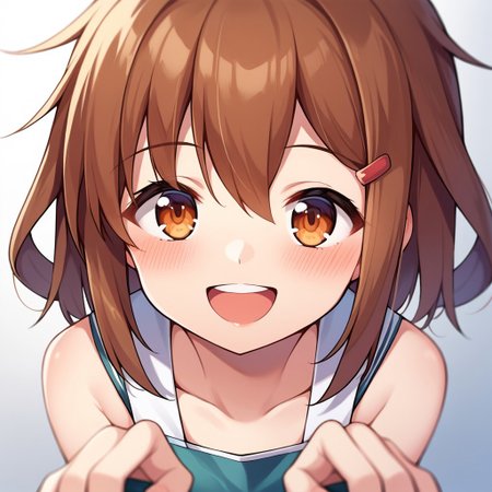 score_9, score_8, score_7, source_anime, ikazuchi (kancolle), hairclip, POV, looking at viewer, blush, smile, open mouth, upper teeth only
