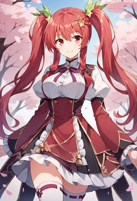 score_9, score_8_up, score_7_up, source_anime,stella vermillion, red hair, red eyes, long hair,twintails,1girl, solo, hair ornament, :3, braid, cherry blossoms, thighhighs, star hair ornament, smile, star (symbol), frills, plaid