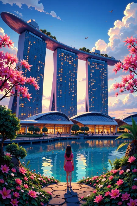 Marina Bay Sands in Singapore beautiful anime landscape, early morning, woman, very intricate, very detailed, sharp, bright, colorful, <lora:Hand v2:0.5> <lora:Anti-Blur:1><lora:Insane Detail Slider:0.25>  <lora:flux.1_lora_flyway_Epic-detail_v2:0.3> <lora:fluxenhancer:0.25> <lora:ROWER:0.6> <lora:flux-charmer-v1-1:0.4> <lora:Colorful_Fantasy_Art_for_FLUX:1> fantasy art