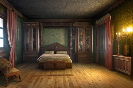 RAW photo, (masterpiece:1.3), subsurface scattering, heavy shadow, (high quality:1.4), (intricate, high detail:1.2), professional photography, HDR, High Dynamic Range, realistic, ultra realistic, photorealistic, high resolution, film photography, ambient lighting, atmospheric effects, <lora:detail_slider_v4:2>, OverallDetail,  <lora:HauntedHouse:1>, bed, book, bookshelf, box, candlestand, cup, curtains, dark, door, hauntedhouse, indoors, no humans, scenery, silk, table, window, wooden floor