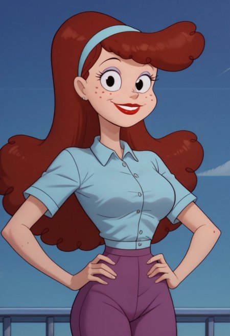 ((bedroom background)),score_9, score_8_up, score_7_up,score_6_up, 
1girl, Solo, Linda_CaC, light skin, black eyes, dark red hair, long wavy hair, freckles, light violet eyeshadow, red lips, light blue headband, light blue short sleeve shirt, purple skinny pants, flat red shoes, big eyes, tall stature, social smile, sexy face, close-up, cowboyshot, perfect eyes, perfect smile, looking at the viewer, big breasts, detailed eyes, perfect eyes, very close-up, cute, standing, head on, hands on hips, front pose