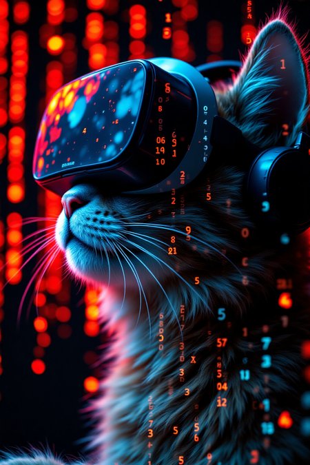 Double exposure close up image of AA cat playing game, wearing a VR Headset, looking up. Face merged into a matrix code waterfall, we see the double exposure break down on the face and numbers flowing like a waterfall backdrop
 
((This is a high-resolution photo with a striking, futuristic look.
A glowing, pixelated pattern is covered in vibrant colors, including red, orange, yellow, green, blue, and white, creating a mesmerizing, almost holographic effect.
The colors are arranged in a complex, abstract design, with some parts of the pattern denser than others.
It is smooth and flawless, highlighted by the contrast of the glowing pixels.
The abstract lines that the pixelated pattern reflects and seamlessly blends into the light show.):0.65)