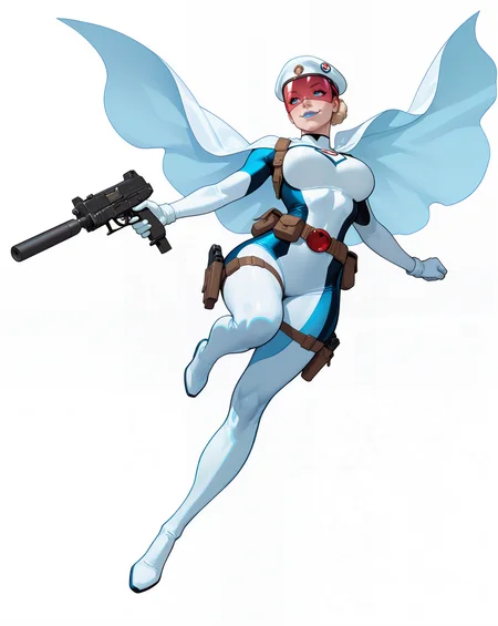 solo, (full body shot, wide shot:1.2), 1girl, (30 year old Russian woman:1.2), beautiful female cyborg spy, fair skin, (white with light blue accents superhero bodysuit with armor padding:1.3), white body armor vest, thigh pistol holsters, white cloak, white military beret, cyborg, cybernetic seams, utility belt, blue eyes, epic red visor, long blonde hair, hair bun, white arm length gloves, slim waist, (toned body:1.1), (large breasts:1.2), wide hips, ultra detailed face, (blue lips:1.2), confident closed mouth smile, strong jaw line, white thigh high superhero boots, (shooting a uzi-pistol machine pistol with a suppressor:1.2), white background, (dynamic pose, dynamic composition, dynamic angle:1.2), digital painting, masterpiece, best quality, very awa, absurdres, 8k, comic art style,  <lora:NOOB_vp1_detailer_by_volnovik_v1:0.6> <lora:noobai_vpred_1_aqm_complete_v3:0.3> masterpiece, best quality, very aesthetic <lora:HyperdetailedColoredPencilIl:0.3> ArsMJStyle, Colored pencil hyperdetailed realism <lora:ponyv6_noobE11_2_adamW:0.3> <lora:illustriousXL_stabilizer_v1.7:0.4> <lora:Comics_IllustriousXL_Lora:0.3> C0M1C5 Style <lora:Superhero_Aesthetic_Illustrious:0.3> SUP3RH3R0 Style, comic art style, <lora:Carlos GomezStyleilluLYCO:0.3> cgstyle, (borderless), <lora:ppw_v7_Illuv1.0_1_r2:0.2>, <lora:anatomy_helper:1> <lora:Uzi_-_Machine_Pistol:0.5>, uzi-pistol