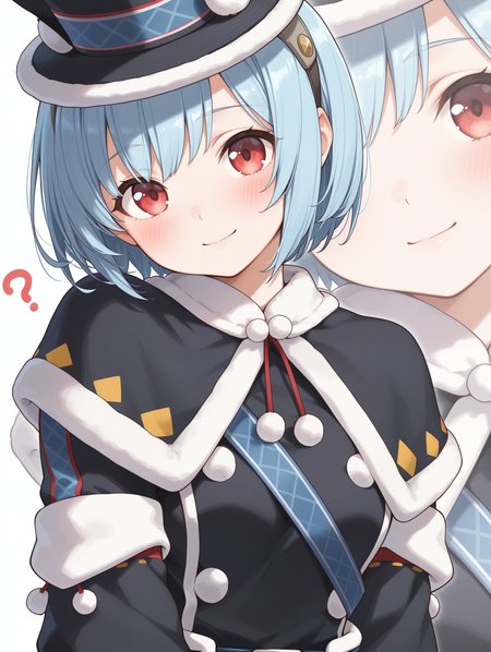 snowbaron lagombi armor, solo, 1girl, red eyes, short hair, blue hair, ?, smile, blush, looking at viewer, closed mouth, upper body, black fur-trimmed top hat, black fur-trimmed capelet, black fur-trimmed coat, black fur-trimmed gloves, simple background, white background, blue sash, head tilt, light smile, zoom layer, 
masterpiece,best quality,amazing quality,very aesthetic,absurdres,newest,<lora:Snowbaron Lagombi Armor illuXL v1:0.75>,