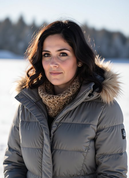 SFW, brightly lit, The image is a portrait of a woman standing in a snowy landscape. She is wearing a gray puffer jacket with a fur hood and a brown scarf around her neck. Her e hair is styled in loose waves and she is looking off to the side with a serious expression on her face. The background is blurred, but it appears to be a snowy field with trees in the distance. The overall mood of the image is cold and wintery., aidmaimageupgrader<lora:flux\custom\celebrity\rikki-lake.safetensors:1.05:1.05> <lora:flux\turbo-8-step-flux.safetensors:0.5:0.5> <lora:flux\style\Common\aidmaImageUprader-FLUX-v0.3.safetensors:0.25:0.25>