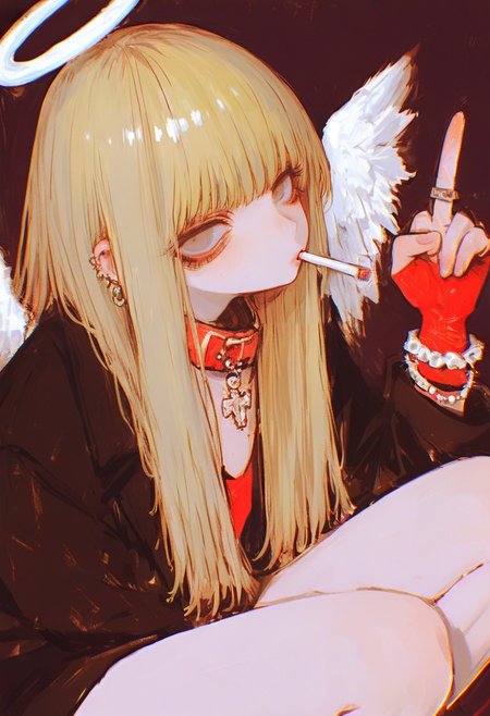 1girl, solo, halo, jewelry, cigarette, squatting, long hair, wings, earrings, blonde hair, smoking, looking at viewer, angel wings, angel, bangs, bracelet, mouth hold, long sleeves, jacket, red gloves, white wings, feathered wings, middle finger, collar, ring <lora:748cmXL_NB11_lokr_V6311P:0.95>
