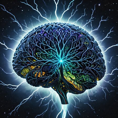 biolumen, detailed human brain, galaxy, night sky, BL4CK3STBL4CK, black_theme, matte_color, flat color