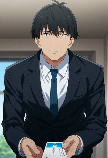 masterpiece,best quality,anime screencap,
1boy,
<lora:takeuchiP_NAI_EPS_1_0_CAME_v1-000030_rev2:1>,t4k3uch1_p,black hair,black eyes,
white shirt,collared shirt,blue necktie,black jacket,suit jacket,
standing,leaning forward,hunched over,window,holding,business card,
facing viewer,looking at viewer,smile,foreshortening,
upper body,
blurry  background