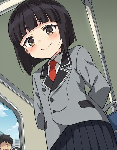 score_9, score_8_up, score_7_up, source_anime, <lora:otome-saotome-s1-ponyxl-lora-nochekaiser:1>, otome saotome, short hair, black hair, brown eyes, blunt bangs,, skirt, school uniform, pleated skirt, necktie, black skirt, red necktie, grey blazer, long sleeves,, train station, waiting for train, suitcase, traveling, commute, city skyline, hands behind back, , <lora:lap-pov-ponyxl-lora-nochekaiser:1>, lap pov, lap pillow, from below, ceiling, looking down, pov, blush, smile,, looking at viewer, solo,, dutch angle, cowboy shot