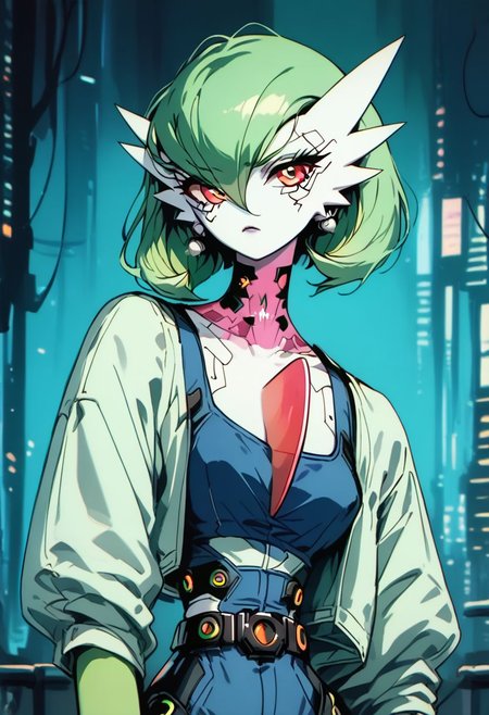 score_9, score_8_up, score_8, 
1girl, solo,
gardevoir, green_hair, green_skin, hair_over_one_eye,
(cyberpunk:1.1),