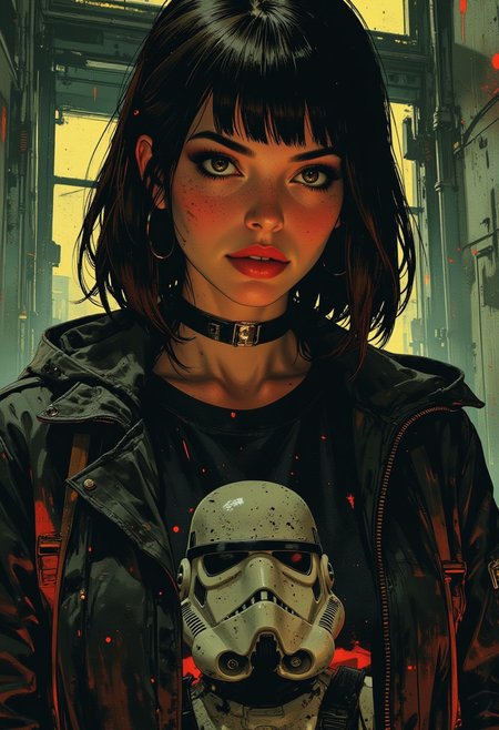 detailed illustration, a cyberpunk goth woman, straight cut bob, bangs, goth-style eyeliner and eyeshadow, make-up, red lips, leather jacket, t-shirt with a star wars stromtrooper print, mythp0rt, directional lighting