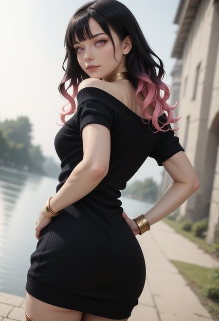 score_9, score_8_up, score_7_up,
1girl, solo,
sweater dress:(black dress), strapless, (short sleeves), bare shoulders, gold choker, gold bracelet, gold thighlet,
outdoors, day, blurry background,
twisted torso, hands on own hips,
looking back, looking at viewer, 
wide shot, from behind, dutch angle, depth of field, realistic,
<lora:Dark_Kylie_Pony:0.5> d4rkkyl13, black hair:gradient hair:pink hair, pink eyes,