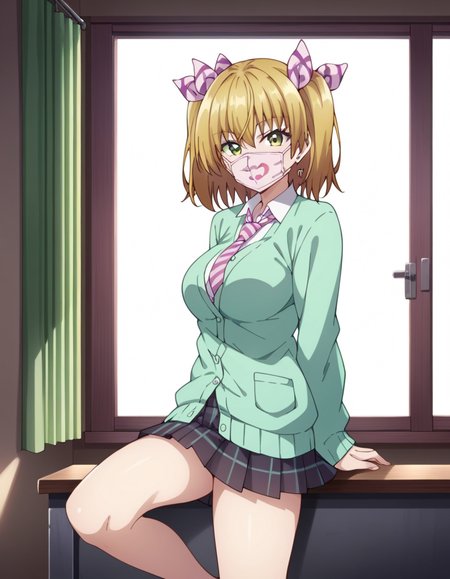 score_9, score_8_up, score_7_up, source_anime, uncensored, <lora:StS_detail_slider_v1:3>, zPDXLxxx, <lora:Moena_Wakakusa_PONYXL_VexVexX:1>, MoenaWakakusa, green eyes, blonde hair, medium hair, twintails, ribbon, hair ribbon, mouth mask, medium-large breasts, school uniform, skirt, pleated skirt, plaid skirt, white shirt, collared shirt, green cardigan, long sleeves, necktie, diagonal-striped necktie, cowboy shot, bedroom, from side, Extend one leg forward while standing or sitting, showcasing flexibility and grace, thighs, looking at viewer