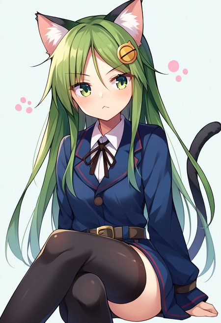 score_9, score_8, score_7, source_anime, nagatsuki (kancolle), animal ears, sitting, thighhighs, belt, black thighhighs, cat girl, upper body, tail