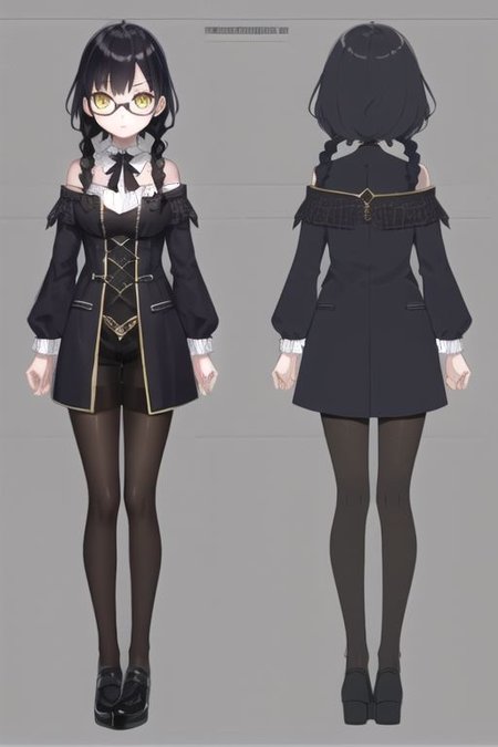 anime, girl, goth, black hair, twin braids hair, glasses, yellow eyes, black short shorts, witch, medieval fantasy, small boobs, uniform, shoulders, noble, gothic makeup,pantyhose, serious face, simple blackground, model sheet