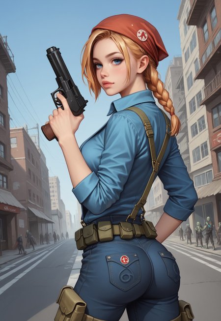 safe_pos, safe_pos, score_9, score_8_up, score_7_up, rating_explicit,
1girl, looking at viewer,
1 woman, braided ginger-blonde hair, hair patterned bandana, miner goggles over the air, closed buttoned dark shirt, navel exposed, cargo pants, suspenders, beautiful face, blue eyes, long legs, survivor, back view,
((full-clothed)),
((long big pistol in hands, handgun in hands:1.1)),
dynamic pose,
<lora:Cherry-Gig:0.55>,
(city in zombie-apocalypse collapse background:1.8),
(((upper body))),
dynamic pose,
detailed and realistic environment,
vibrant colors,
intricate details on clothing and accessories,
expressive and captivating eyes,
rugged and worn-out look,
survival gear and tools,
post-apocalyptic atmosphere