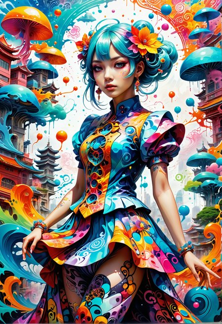 (((masterpiece))) , (((best quality))) , anime style, 2d, colorful, Timeless , ( 1girl, solo:1.3) , she is wearing  Graffiti Street Art fashion style Dress, pants, detailed background, in focus, Contemporary,  Bimbocore, 64K, HDR, otherworldly, womanly, celestial, fabulous colors, beautiful, illustrious quality, deep aesthetic,  Jed-Splash, colourful,  <lora:ColourfulStyle:0.7>