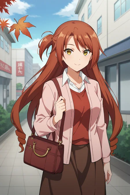score_9, score_8_up, score_7_up, source_anime, eikokawasegawa, <lora:kawasegawa_eiko_XL:0.8>, 1girl, solo, red hair, long hair, one side up, braid, drill hair, yellow eyes, medium breasts, pink jacket, open jacket, red sweater, white shirt, collared shirt, 
 brown skirt, long skirt, handbag, looking at viewer, smile, cowboy shot, outdoors, autumn leaves, city