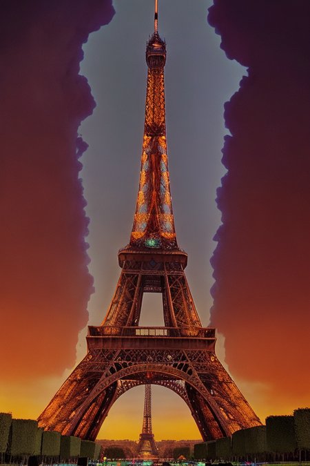 A photo of a futuristic setting, aliens, war, one Tour Eiffel, fire