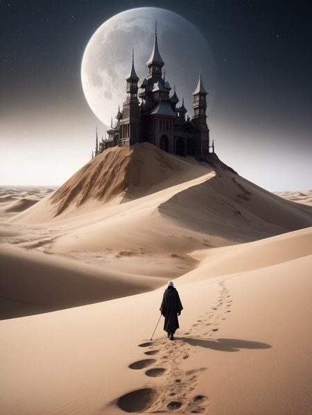 Whispering Dunes Transcends against the Astral Cathedral in the style of Tsutomu Nihei