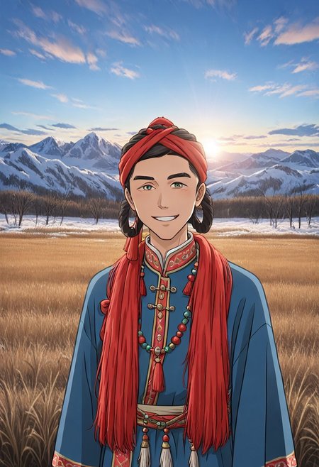 Khampa Tibetan Red Headknots
wearing Red Headknots,solo,1 handsome young man,,1 tibetan boy,happy,looking at the viewer
 anime screencap,tibetan dress, looking at viewer,grassland,sun,meadow,cloudy sky,blue sky,winter,snow