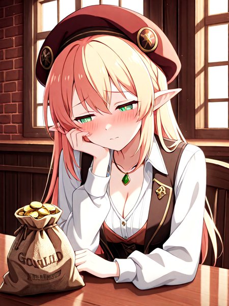 absurdres, explicit, gold coin, burlap bag, bag on table, upper body, 1girl, cleavage, breasts, vest, shirt, jewelry, guild interior, brick wall, indoors, pointy ears, beret, shy, blush, half-closed eyes, window, head on arm, <lora:coinbag_ilxl:1>