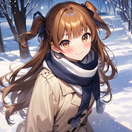 (masterpiece),(best quality),(ultra-detailed),(best illustration),(best shadow),(absurdres),(detailed background),(very aesthetic), rina_ogata, 1girl, solo, brown hair, scarf, snow, long hair, smile, blush, two side up, brown eyes, ribbon, looking at viewer, tree, hair ribbon, snowing<lora:XL-RinaOgata:1>