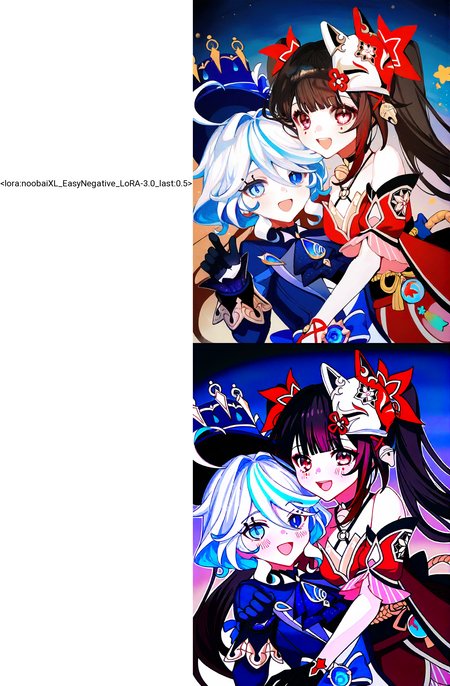 2girls, 
furina \(genshin impact\), sparkle \(honkai: star rail\), 
(ningen mame:0.907), ciloranko, noyu \(noyu23386566\), morikura en, 
hair between eyes, :d, red eyes, pink hair, streaked hair, red dress, sash, obi, open mouth, blush, short hair, blue eyes, upper body, smile, black gloves, blue hair, short sleeves, blue dress, ahoge, bare shoulders, looking at viewer, blue gloves, sleeveless, black headwear, detached sleeves, heterochromia, dress, mask on head, puffy sleeves, mask, puffy short sleeves, gloves, sleeveless dress, multicolored hair, 
safe