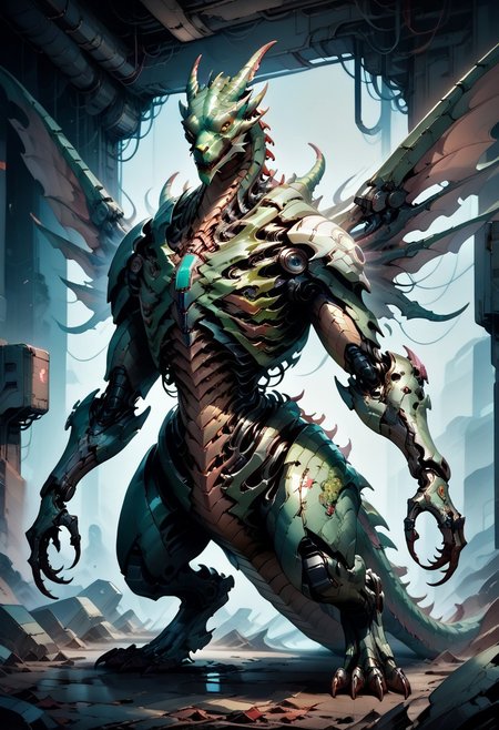 score_9, score_8_up, score_7_up, score_6_up, score_5_up, cyborg, cyberpunk, biomechanical, fleshmutant, cybermutant, anthro, full body, standing, digitigrade, dragon, claws, metal scales, science fiction, mechanical parts, spine, mechanical, robot joints, cybernetic wings, four legs, two arms, dragon, dragon, robotaur, dragon taur, quadruped