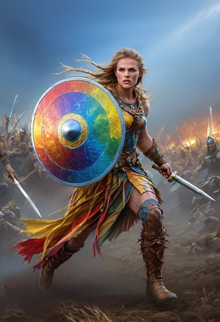 VALHERO neouv, shieldmaiden holding rainbow shield and rainbow sword while running through the battle of ragnarok