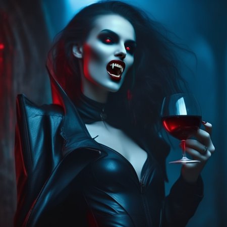 Techwear fashion  <lora:Vampire_Collection-sdxl1.0:1> vampcol,  ultra realistic, analog photography, film grain, dark fantasy style, dark art painting, chiaroscuro lighting, masterpiece, best quality, amazing quality, full body shot, female vampire with fangs,  vampire fangs, wrinkle skin, stone-like skin, very pale, red eyes, modern sensual dress, at midnight, she's in a dance club drinking wine showing her vampire teeth (Gerald Brom) . Futuristic, cyberpunk, urban, tactical, sleek, dark, highly detailed