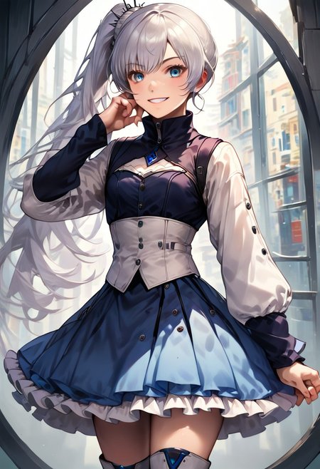 weiss_schnee, rwby, 1girl, solo, white_hair, blue_eyes, long hair, side ponytail, score_9, score_8_up, score_7_up, score_6_up, score_5_up, score_4_up, source_anime, masterpiece, best_quality, cowboy shot, smiling, wide smile, crazy smile, realistic skin, realistic hair, white jacket with high collar, frilly white skirt, white boots, standing, hand on cheek, looking down, looking at the viewer, kyoukieyes