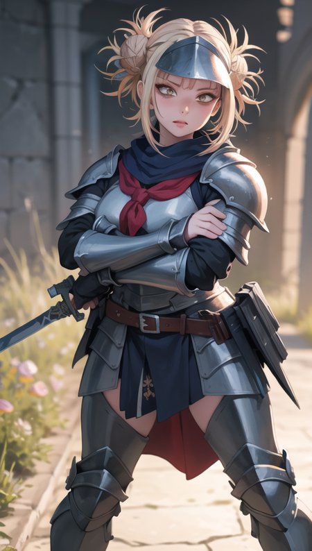 1girl, 3d render, c4d, realistic, Original Character, Fantasy Concept Art, Volumetric Lighting, Best Shadows, Shallow Depth of Field, Portrait Of Noble Knight Man, Dignified, Delicate Tactical Heavy Armor, Opaque Visor, Face Armor, Pauldrons, Tasset Belt, Gauntlet, Poleyn, High Quality Armor Texture, Broad Shoulders, Extremely Tall. Sword Scabbard, Standing Tall, Crossed Arms, Looking At Viewer, Glaring Sunlight, Rose Garden, Rose Thornbush, (Highest Quality, Amazing Details:1.25), (Solo:1.3), Brilliant Colorful Paintings, <lora:TogaHimikoLoRA:1>  , detailed, 4k, perfect hands