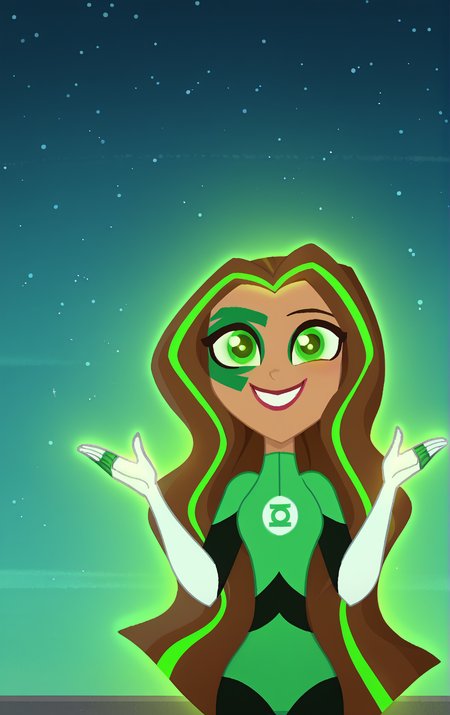 ((score_9)), score_8_up, ((high quality)), ((masterpiece)) BREAK
  DCSG Style, JessicaC, Green Lantner Cruz,
Green Bodysuit, gloves, makeup, green eyes, two-tone hair, streaked hair, glowing fists, looking at viewer, smiling, good anatomy, five fingered hands, outer space, hands up, centered<lora:DC_Superhero_Girls_2019:0.8>,<lora:pony_good_hands:0.8>