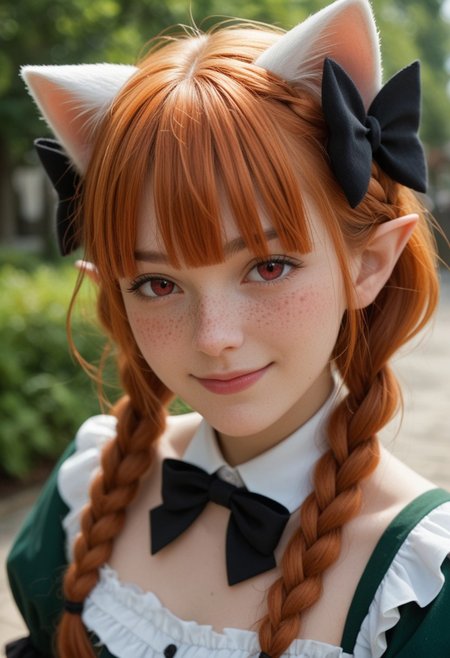 score_9_up, score_8_up, score_7_up, score_6_up, 1girl, solo, 25 years old, perfect face, (adult), sexy, 
etailed face, blush, shy smile, portrait, face focus, depth of field, looking at viewer, close up,  
red eyes, freckles,  
ginger hair, cat ears, braid, twin braids, fang, hair bow, pointy ears, blunt bangs, fang, detached collar,
black bow, green dress, frilled dress, frills, 
dynamic pose, dynamic angle, 
village,
