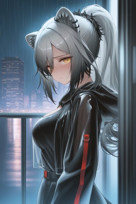 (masterpiece,best quality),<lora:ma1r0uStyle-Illustrious-lora-Faxtron:1> me1a1ar0u,,arknights, schwarz (arknights), arknights,sad,night,city lights,city,rain,looking at viewer,