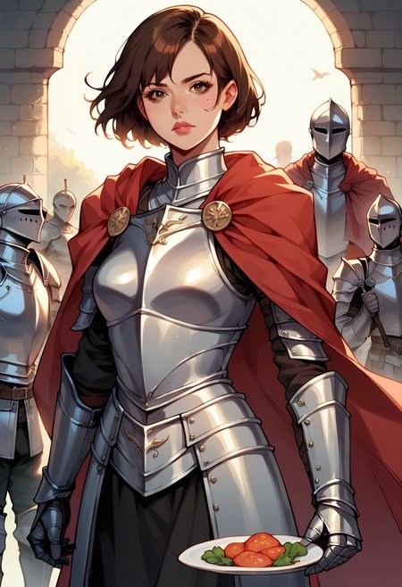 score_9, score_8_up, score_7_up, 1girl, knight, short hair, brown hair, plate armor, red cape, two swords, standing, confident, fantasy, detailed