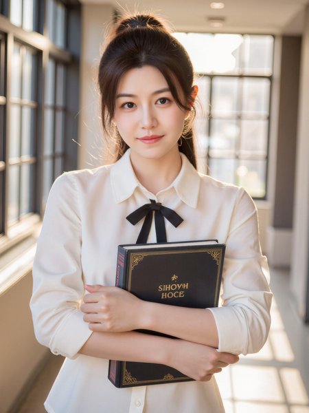 This is a high-resolution photo of a young Asian woman with fair skin and a slender build. She has long, straight black hair tied in a loose ponytail. She wears a white school uniform shirt with rolled-up sleeves and a small black bow tie at the collar. Her makeup is minimal, and she has a gentle, confident smile.

She is standing in a sunlit school corridor, holding a textbook with both arms across her chest. Warm sunlight shines on her face, casting soft highlights. The background includes large windows, bright light, and shadows on the floor. The camera angle is slightly below eye level.