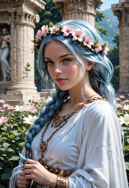 safe_pos, Beautiful woman, 24 years old. Fair skin. Smooth skin. Silvery blue hair. Incredible detail, high clarity. Free hair with braids. Long hair. Pink lips. Good anatomy. Detailed face. Attractive. Curvy. Bosom.

She is wearing a beautiful Greek goddess robe. Ancient temple setting. Flower wreath on head.
